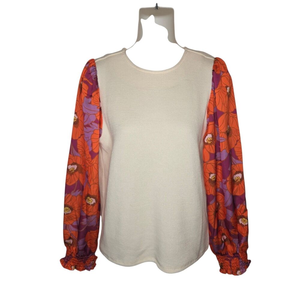 THML Yasmine Mixed Media Floral Puff Sleeve Knit Top XS Cream Orange Purple